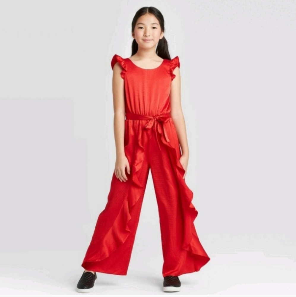 Art Class Red Ruffle Satin Girl Jumpsuit XL (14-16)